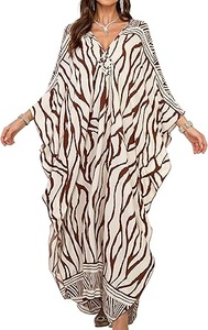 Vestido Maxi Kaftán a Rayas con Cuello en V para Mujer, Manga Murciélago, Ajuste Holgado, Transpirable, Tejido, Estilo Largo y Fluido para Playa de Verano - Product Image 3