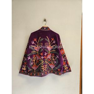 Chaqueta Blusón de Terciopelo Morado con Bordado Floral, Cuello Mao, Manga Larga, para Otoño - Product Image 6