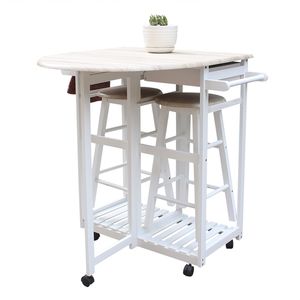 Carrello da Pranzo Semicircolare FCH Bianco YJ con Sgabelli Rotondi e Maniglia in Legno, Isole e Carrelli da Cucina Pieghevoli - Product Image 1