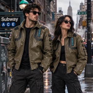Chaqueta Bomber Unisex de Cuero Marrón con Cuello Alto, Estilo Motero, Gruesa - Product Image 4