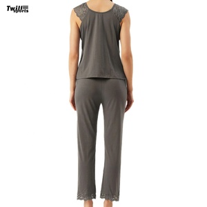 100% coton pour porter des femmes solide lavé polaire pyjama ensemble sans manches débardeur pantalon 2 pièces sans col séchage rapide - Product Image 2