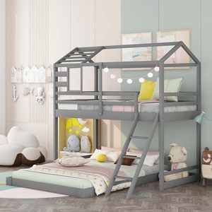 Cadre de lit superposé en bois durable en forme de L pour maison complète avec glissière de sécurité sans ressort de boîte nécessaire pour la chambre de garçon - Product Image 1