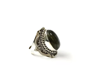 Oval Blue Flash Labradorite <b>925</b> <b>Silver</b> <b>Ring</b> - Handcrafted Vintage Filigree Design Border Wide Statement Jewelry - Product Image 3