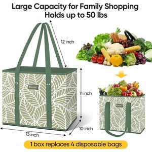 Set di 3 Borse Pieghevoli Stile Antico con Motivo Fogliare, Borse Riutilizzabili per la Spesa con Fondo Rinforzato e Manici per Alimenti - Product Image 2