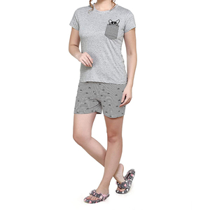 Ensemble short 2 pièces pour femme, gris rayé, en coton, avec poches, imprimé chat, décontracté, printemps-été, coupe classique - Product Image 5