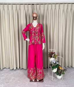 Conjunto coordinado de 3 piezas de seda Chinon premium: Koti bordado, pantalón palazzo y blusa con bordado de lentejuelas elaborado - Product Image 2