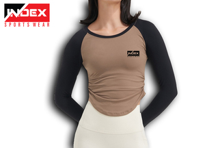Camiseta Deportiva de Manga Raglán para Hombre, Marca INDEX, Blanca y Marrón, Cuello Redondo, Secado Rápido, Ajuste Deportivo, Tejido de Poliéster - Product Image 6