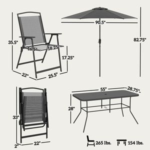 Set da 8 Pezzi per Arredamento da Esterno: Tavolo Rettangolare Nero con Ombrellone, 6 Sedie Pieghevoli e Seduta in Rete - Product Image 3