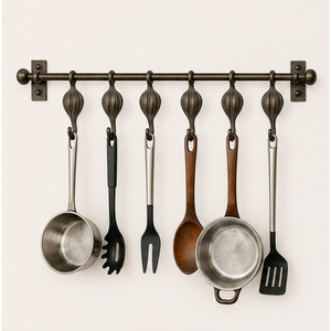 Antique Bronze Wall Mounted Utensil Rack with <b>Hooks</b> Metal Kitchen Hanging Rail for Pots Pans and Spatulas Storage Organizer - Product Image 3