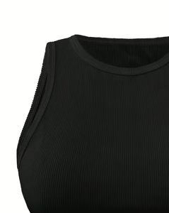Black Ribbed Women's Polyester/Cotton Breathable Knitted Solid Short Sleeveless Tank Top Fitness Casual Wear Customizable Front - Product Image 2