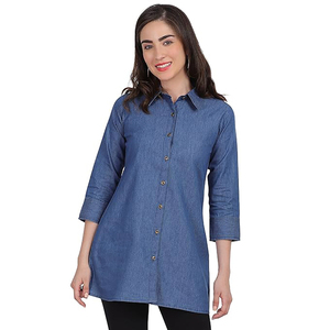 Chemise Western de Haute Qualité pour Femme, Style Cowgirl, Élégante, Manches Longues, Couleur Bleu Foncé Uni, Boutonnée, en Denim, Blouse pour Femme - Product Image 4