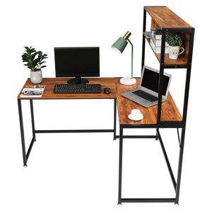 Étagère de bureau en angle droit de style rétro FCH, cadre en acier noir avec panneaux de particules triaminés, bureau d'ordinateur en forme de L - Product Image 2
