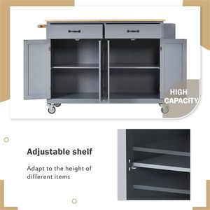 Carrello da Cucina con Piano in Legno Massello, Larghezza Regolabile 54,3 Pollici, 4 Ante, Due Cassetti, Porta Spezie, Portasciugamani - Ruote Bloccabili - Product Image 3