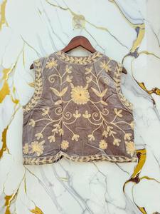 Suzani Brown Velour Floral Hand Embroidered Lightweight Short <b>Vest</b> Coat for <b>Women</b> Pullover Crew Neck Casual Boho Ethnic - Product Image 5