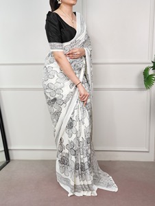 Conjunto de Sari con Estampado Floral Blanco, Lino y Algodón, Traje Tradicional Indio Pakistaní para Mujer, Ropa para Bodas y Fiestas - Product Image 1