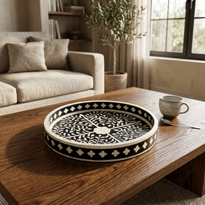 Large Handcrafted Wood Inlay Modern Abstract Pattern Wedding Round Decorative Tray with Integrated Handles - Product Image 4