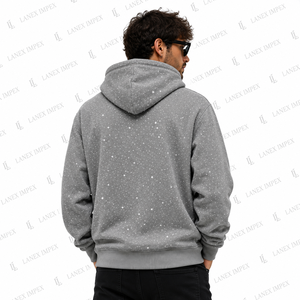 Sweat-shirt à capuche gris pour homme avec strass, logo personnalisé, streetwear, décontracté, en molleton, à manches longues, mode hiver - Product Image 4