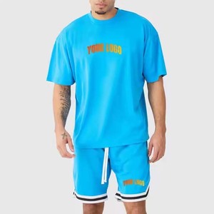 เสื้อยืดแขนสั้นสีน้ำเงินล้วนสำหรับผู้ชายและกางเกงขาสั้น ชุด 2 ชิ้น คอกลม ผ้าฝ้ายถัก ระบายอากาศได้ดี เหมาะสำหรับใส่ในฤดูร้อน - Product Image 3