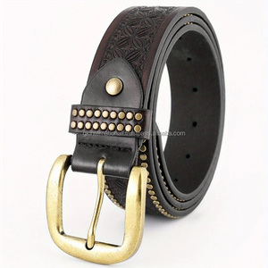 New Ethnic Style Retro Carved Floral Embossed Western Leather Tooling <b>Belt</b> for Men with Brass Buckle and Rivet <b>Studs</b> - Product Image 4