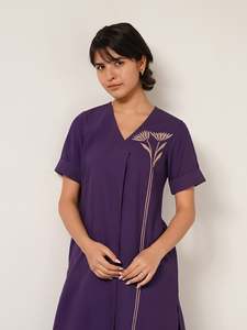 Purple Plain Midi <b>Dress</b> <b>With</b> Three Quarter <b>Sleeves</b> Turn-down Collar Loose Fit Casual <b>Summer</b> Woven Cotton Fabric Women <b>Dress</b> - Product Image 4
