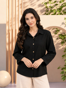 Camisa de Manga Larga para Mujer, con Botones, Cuello Negro Sólido, Blusa Elegante para Oficina - Product Image 4