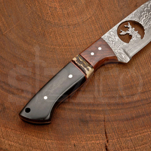 มีดล่าสัตว์เหล็กดามัสกัสแบบ OEM พร้อมด้ามไม้, ใบมีดคงที่, มีดพกพาสำหรับตั้งแคมป์และกิจกรรมกลางแจ้ง พร้อมปลอกหนัง - Product Image 2