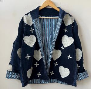 Blouson bomber matelassé réversible en velours marron brodé Suzani, tricoté, respirant, écologique, en nylon et laine pour l'hiver - Product Image 1