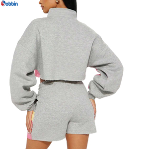 Conjunto Deportivo Casual de 2 Piezas con Contraste de Color Estilo Hip Hop, Sudadera de Manga Larga con Media Cremallera y Pantalones Cortos, Ropa Deportiva Urbana para Mujer - Product Image 2