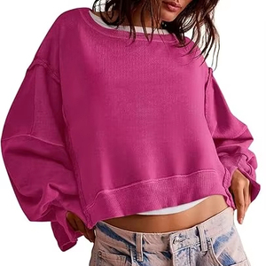Sudadera Casual de Mujer, Manga Larga, Cuello Redondo, Ajuste Holgado, Estilo Crop Top con Abertura Lateral, Tendencia Otoño 2026 - Product Image 1