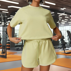 Women's Solid Crew Neck T-Shirt & Shorts 2-Piece Set Breathable Four-Way Stretch Yoga Workout Wear - Product Image 4