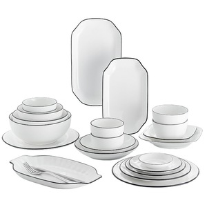 Services de vaisselle en porcelaine pour restaurants en gros – Assiettes minimalistes à lignes noires, sans BPA, compatibles micro-ondes - Product Image 4