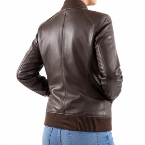 <b>Women's</b> Cow Skin Genuine <b>Leather</b> Eco-Friendly Windproof <b>Bomber</b> <b>Jacket</b> Logo Stand Collar Full Sleeve Zipper Closure Solid Color - Product Image 5