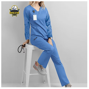 Women Hospital Scrub <b>Set</b> Green Polyester Knitted Long Sleeve V-Neck Uniform Pants with Pockets for Medical Use Customized Color - Product Image 5