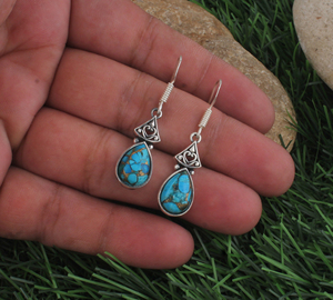 Wholesale 925 Sterling <b>Silver</b> <b>Blue</b> Copper Turquoise Teardrop Dangle <b>Earrings</b> Handmade Filigree Triangular Drop Engagement Gift - Product Image 2
