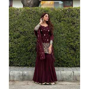 Hermoso Salwar Kameez de Poliéster con Top, Pantalón y Dupatta con Bordado de Hilo y Lentejuelas, Talla XL para Bodas - Product Image 3