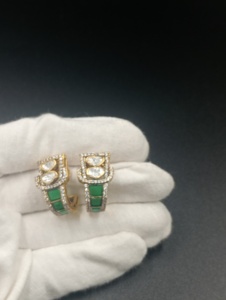 Luxury Gold Plated <b>Silver</b> <b>Huggie</b> Earrings with Green Inlay Geometric Design for Women Party & Gift Jewelry - Product Image 1
