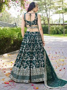 Lehenga Choli Verde Esmeralda, Vestido de Dos Piezas con Bordado Floral, Traje de Boda Bollywood con Dupatta - Product Image 6