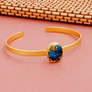 Blue Apatite Mohave Stone Geometric Trendy Oval Open Cuff Bracelet <b>Gold</b> <b>Plated</b> Adjustable Statement Cuff <b>Bangle</b> Unisex Fashion - Product Image 4