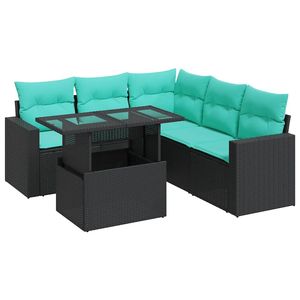 Ensemble de canapés de patio en polyrotin noir et acacia, 6 pièces, avec coussins, ensembles de jardin - Product Image 2