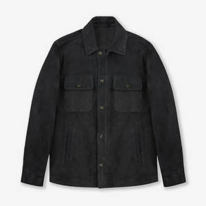 Chaqueta de Gamuza Negra para Hombre, Estilo Motero, con Cuello Camisero y Botones Fáciles de Abrochar - Product Image 1