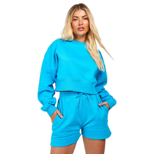 New Factory Custom Womens Winter Long Solid Color Oversized O-neck Sweatshirt Shorts Set Breathable Fleece Fabric Wholesale - Product Image 3