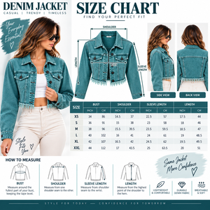 Women's Teal Denim <b>Trucker</b> <b>Jacket</b> With Fringed Hem Long Sleeve Turn-down Collar Cropped Fit Spring Wear - Product Image 5