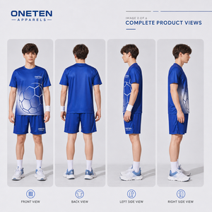 ONETEN APPARELS Conjunto de Fútbol para Hombre, Diseño Geométrico Azul, Secado Rápido, Transpirable, Camiseta Deportiva con Cuello Redondo y Pantalones Cortos para Verano - Product Image 2