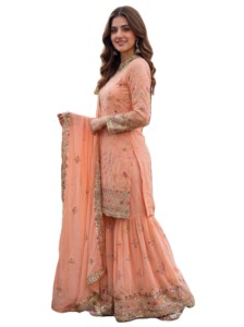 Salwar Kameez brodé pêche pour femme, robe traditionnelle de mariage et de fête, style indien pakistanais, ensemble Sharara Gharara, coupe classique - Product Image 3