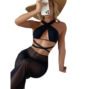 Conjunto de bikini sexy de cintura alta con tiras y estampado animal para mujer, microbra con cristales y diseño hueco entrecruzado, ropa de playa OEM ODM - Product Image 1