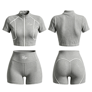Conjunto de Top de Manga Corta con Cuello Alto y Cremallera, Diseño de Líneas Personalizadas con Logotipo, y Leggings Levanta Glúteos para Mujer 2026 - Product Image 6