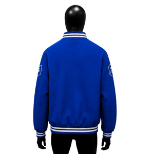 Chaqueta Varsity Azul de Alta Calidad para Hombre, Patrón Geométrico, Corte Regular, Estilo Casual para Otoño, Moda Urbana, Streetwear, Estilo Deportivo Moderno - Product Image 2