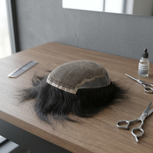 Peluca de cabello humano modelo Q6 para hombre, tupé para hombre, la densidad más baja en parche de cabello blanco para hombre, boutique en línea Alibaba, cabello humano virgen. - Product Image 2
