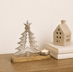 Modern Silver Metal Christmas <b>Tree</b> Tealight Candle Holder With Natural Mango Wood Base For Holiday Home <b>Tabletop</b> Decoration Gift - Product Image 2