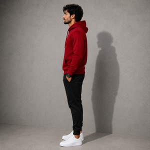 Sweat à capuche rouge en coton pour homme avec poche kangourou, poignets côtelés et doublure en polaire douce pour un usage décontracté - Product Image 5